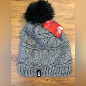 The North Face Adult Gray Cable Knit Beanie with Black Pom NWT